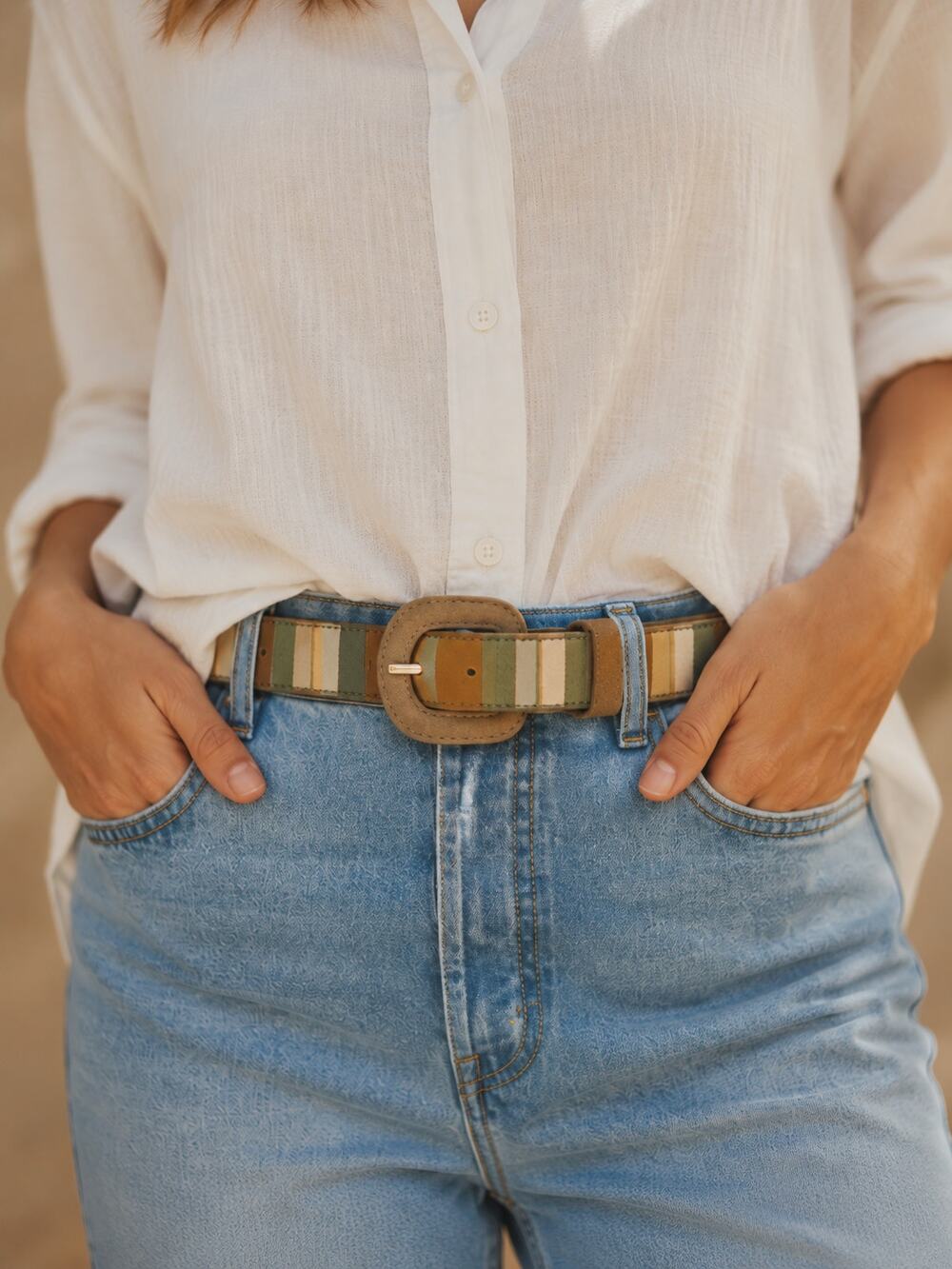 Eddie Bauer Womens Belt S/P Multicolor Striped Genuine Leather Boho 38"